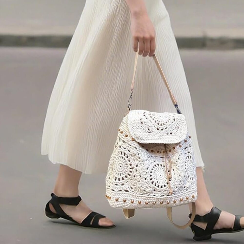 Neiman Marcus White Beige Handmade Crochet Backpack